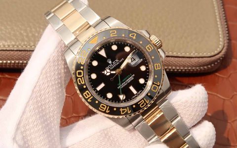 N廠勞力士格林尼治GMT綠針黑圈間金款式復刻腕表做工細節測評